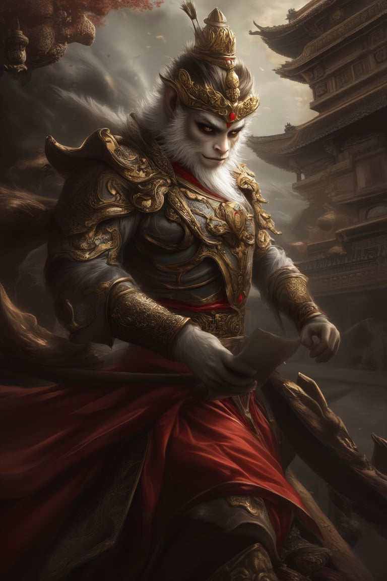 the Monkey King in Chinese mythology, fullbody, The background features ancient architecture with high-definition details 