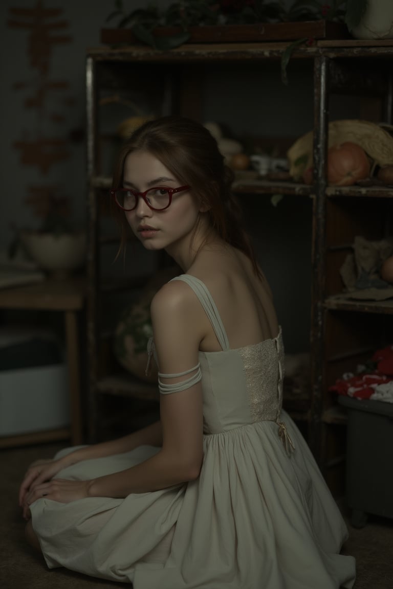 A dimly lit old storage room, lit only by a faint, dusty glow. A young girl with round face and subtle blush sits in front of a cluttered shelf, her pleated skirt rustling as she leans forward. Her eyes droop slightly, but her gaze is fixed on the intricate weaving pattern forming around her. She wears thin, transparent ribbons tied in her hair, and fashionable glasses perched on the end of her nose. With one hand, she grasps a section of her own backside, as if trying to tame an unruly fabric. The atmosphere is intimate, with shadows dancing across the walls, realistic