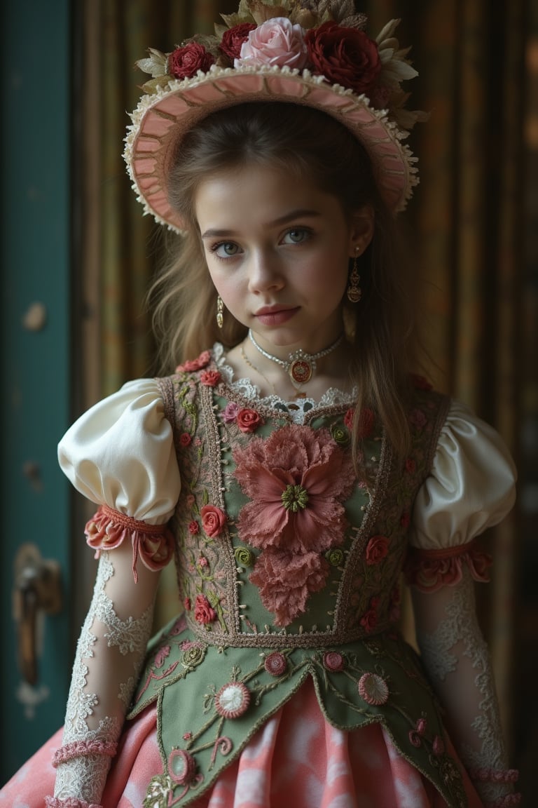 i nhắc
Photo-realistic image of a girl in a baroque-inspired Harajuku Lolita fashion with an emo twist. She wears a richly decorated dress featuring colorful lace, pink ruffles, and intricate embroidery. The bodice is adorned with velvet ribbons, ornate buttons, and brooches, while the voluminous skirt layers tulle and lace. Accessories include lace gloves, a cameo choker, and a mini top hat with feathers. The lighting highlights the intricate details, capturing her periorbital puffiness and the overall dramatic, layered composition, realistic 