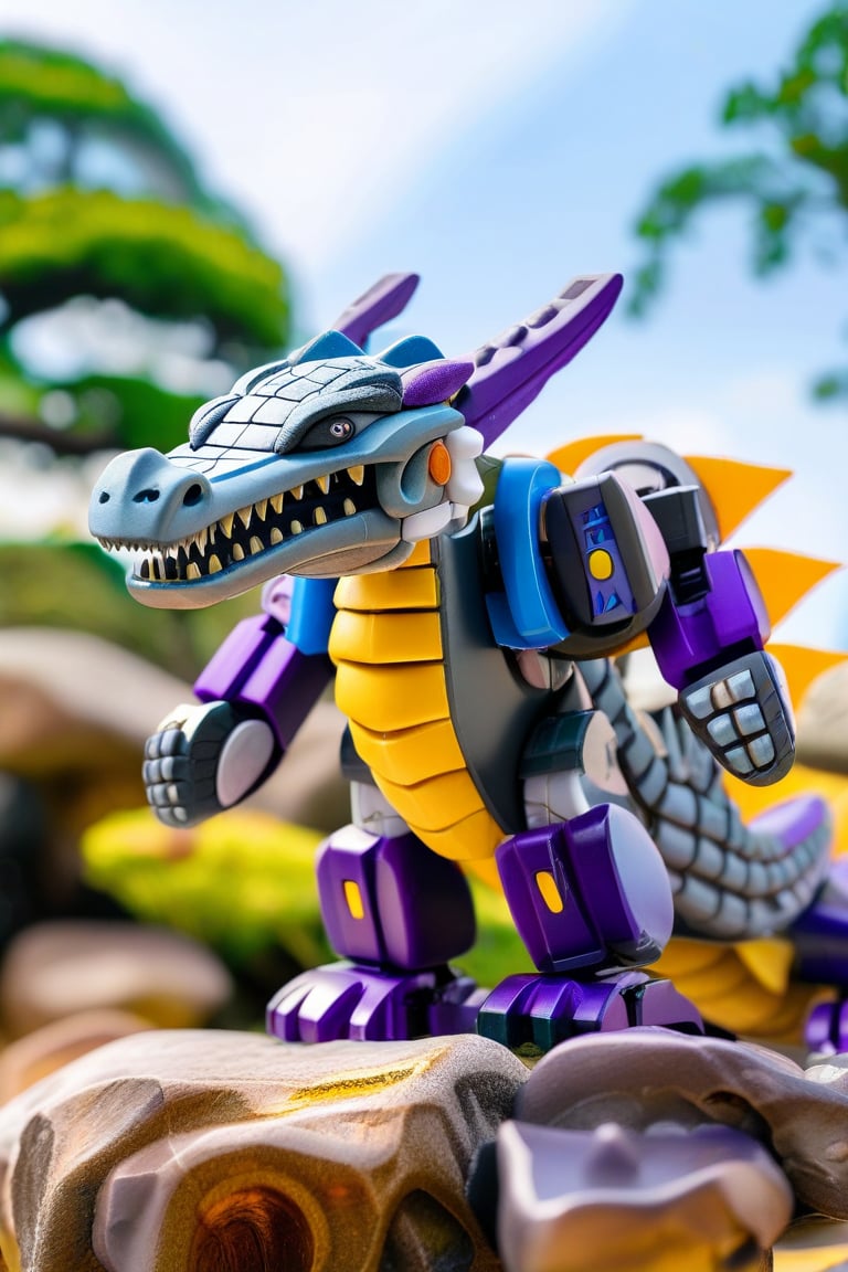 An American toy robot dragon, "Gaoqigio", with a purple and blue color scheme, made of gray and yellow plastic material, riding on the back of an Eastern ancient giant crocodile in the style of Chinese art with its head raised towards the sky. The background is blurred, with rocks in front and trees behind. With a close range, there was depth of field. This photo captured high-definition details through macro photography using Canon cameras ,Gao Hunter