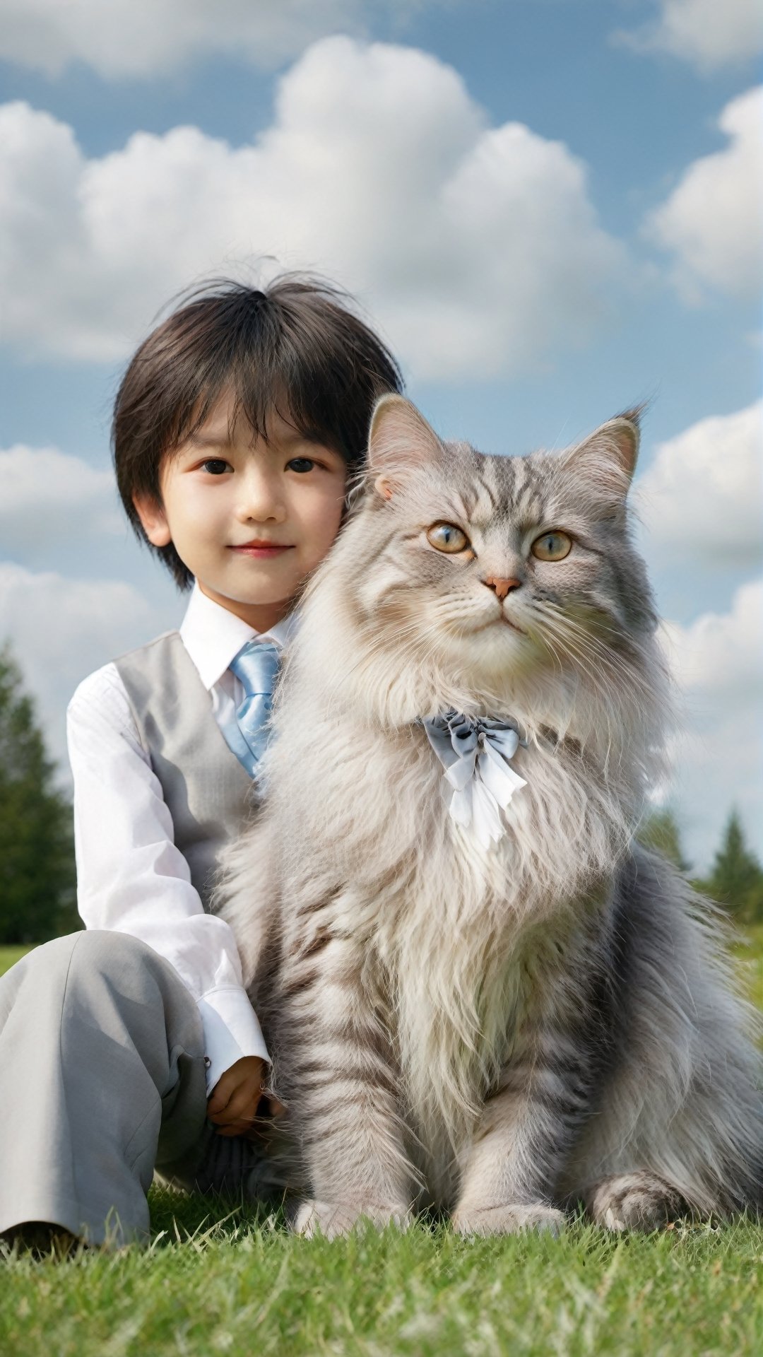 A cute silver longhaired cat, wearing white vest and tie, sitting on the grass with an Asian little boy in front of it. The background is blue sky and white clouds, with a dreamy atmosphere. High definition photography style, natural light, soft tones, medium focus lens, high resolution. A joyful expression,glitter