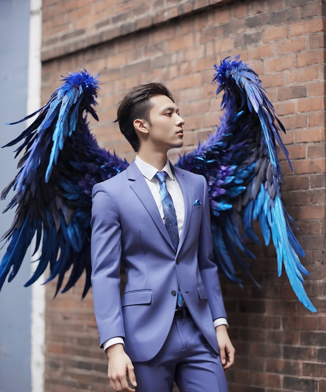 Create an image of a young man wearing a suit, featuring vibrant, dark and blue wings extending from his back. Random movement The background should be plain white, emphasizing the contrast and detailing of the beauty wings and the sharpness of the suit. The man should appear poised and elegant, with the wings unfurled to showcase a spectrum of vivid hues, blending seamlessly from one color to another. The focus should be on the meticulous details of the wings’ feathers and the suit’s fabric, capturing a harmonious blend of natural and refined elements, wings,Stylish, close up,l3min,xxmixgirl