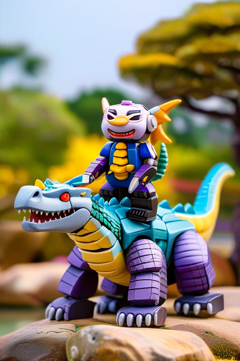 An American toy robot dragon, "Gaoqigio", with a purple and blue color scheme, made of gray and yellow plastic material, riding on the back of an Eastern ancient giant crocodile in the style of Chinese art with its head raised towards the sky. The background is blurred, with rocks in front and trees behind. With a close range, there was depth of field. This photo captured high-definition details through macro photography using Canon cameras ,Gao Hunter