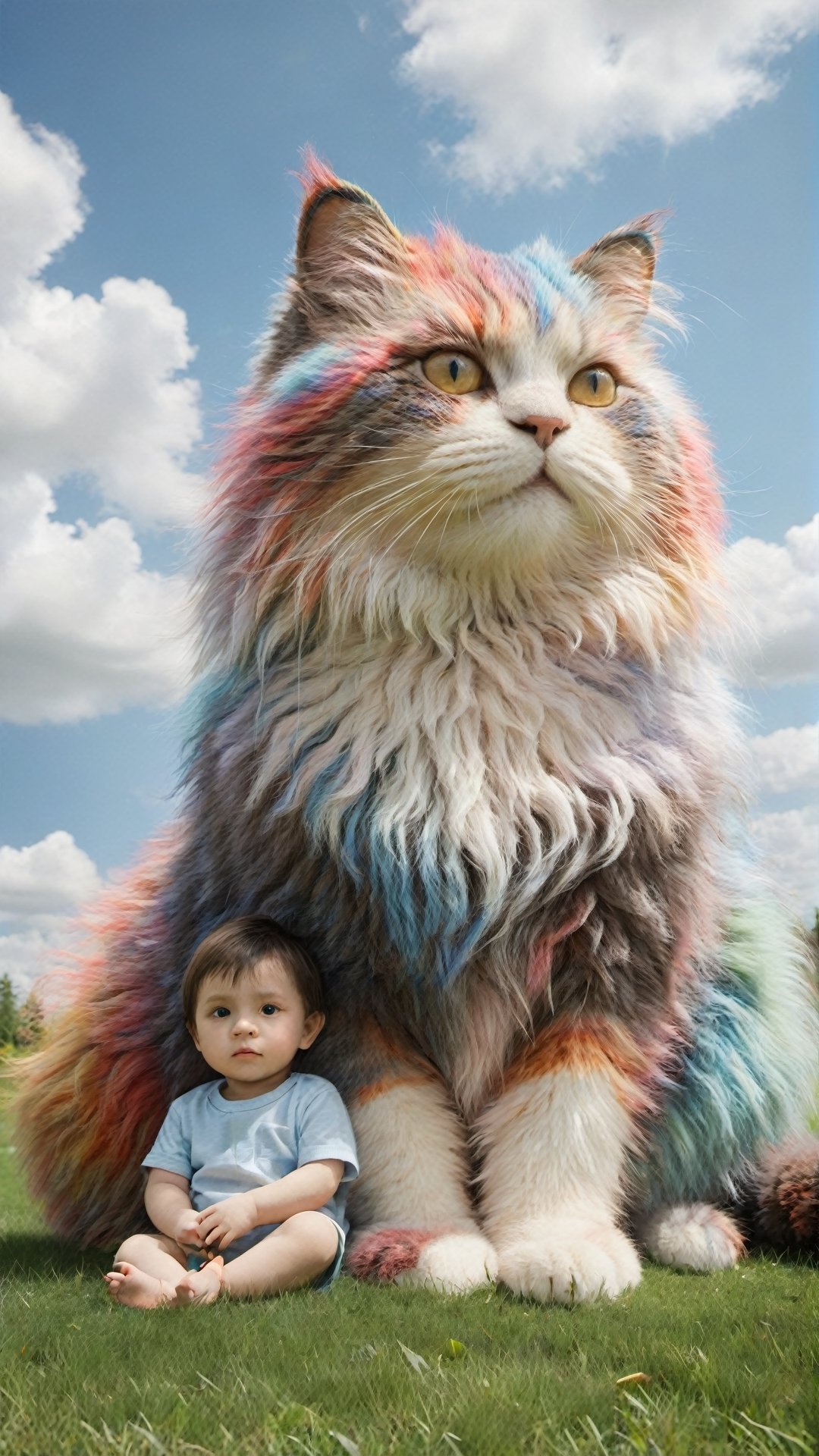 A multicolor giant cat with fluffy fur sitting on the grass, next to it sits an adorable babyboy (((looking at viewer))) . The blue sky has white clouds. In the style of hyper-realistic, high definition photography, movie stills, children's book illustrations, colorful animation stills, hyperrealistic details depict childlike innocence