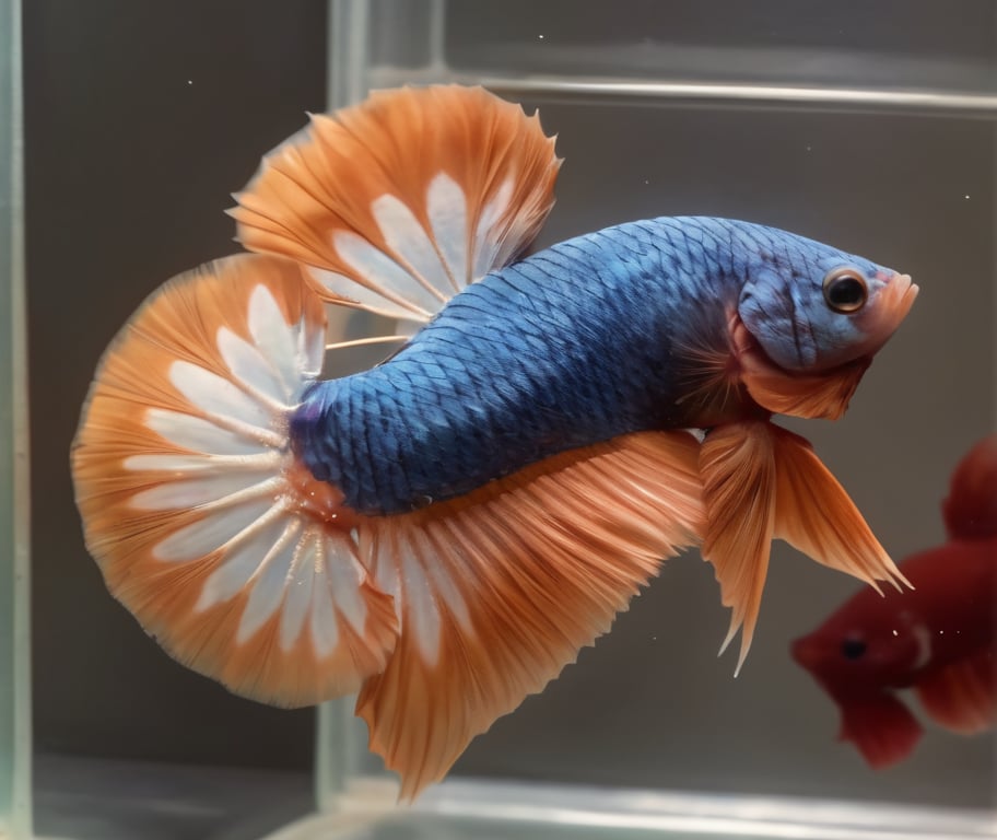 ,betta hmpk,realistic,animal focus, still life, multicolor, big tail,(best quality,realistic,high quality),, ultra realistic,32k,RAW photo,(high detailed skin:1.2), 8k uhd, dslr, high quality, film grain,water,betta fish,Fish scales are clear and balanced