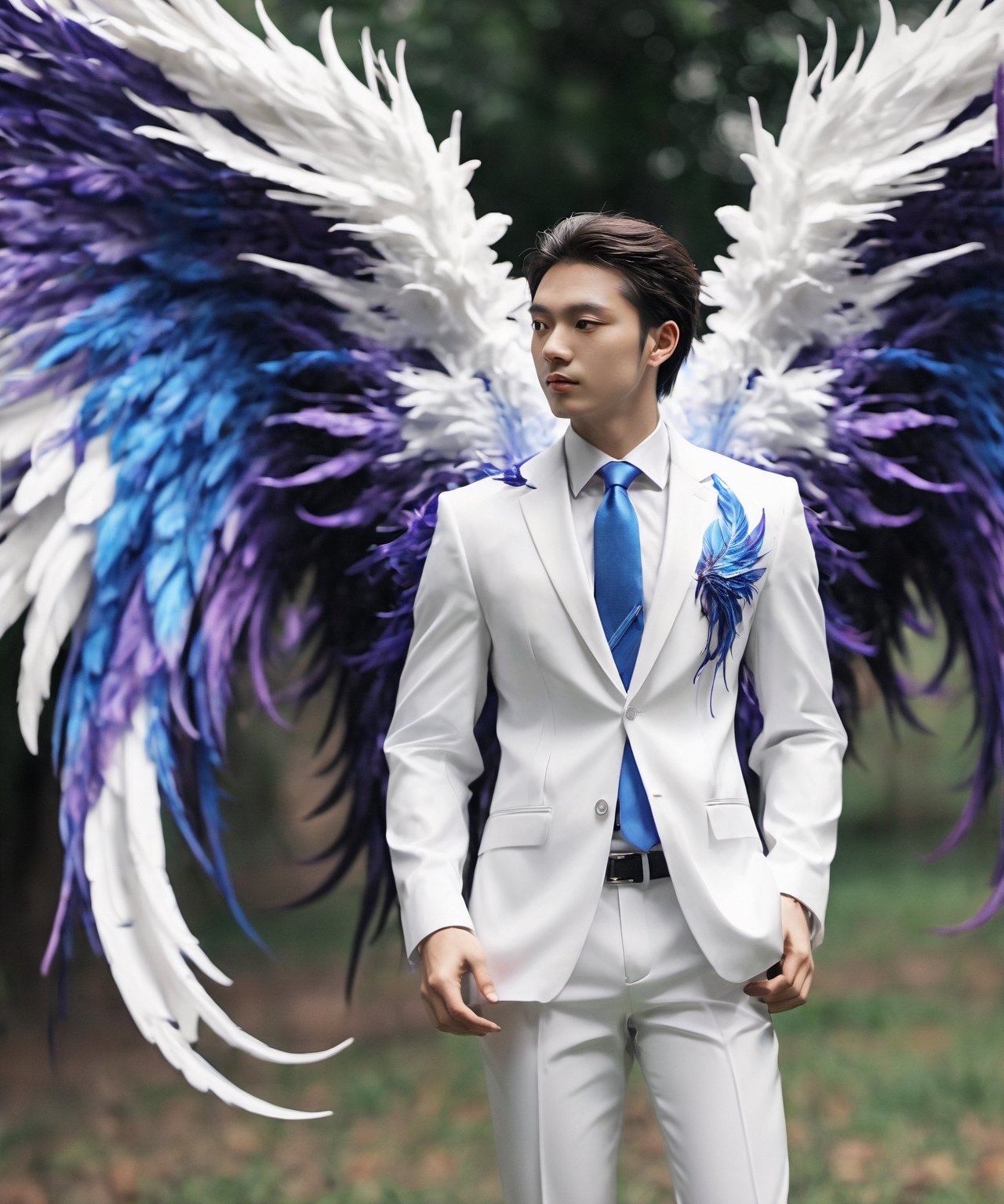 Create an image of a young man wearing a suit, featuring vibrant, dark and blue wings extending from his back. Random movement The background should be plain white, emphasizing the contrast and detailing of the beauty wings and the sharpness of the suit. The man should appear poised and elegant, with the wings unfurled to showcase a spectrum of vivid hues, blending seamlessly from one color to another. The focus should be on the meticulous details of the wings’ feathers and the suit’s fabric, capturing a harmonious blend of natural and refined elements, wings,Stylish, close up,l3min,xxmixgirl