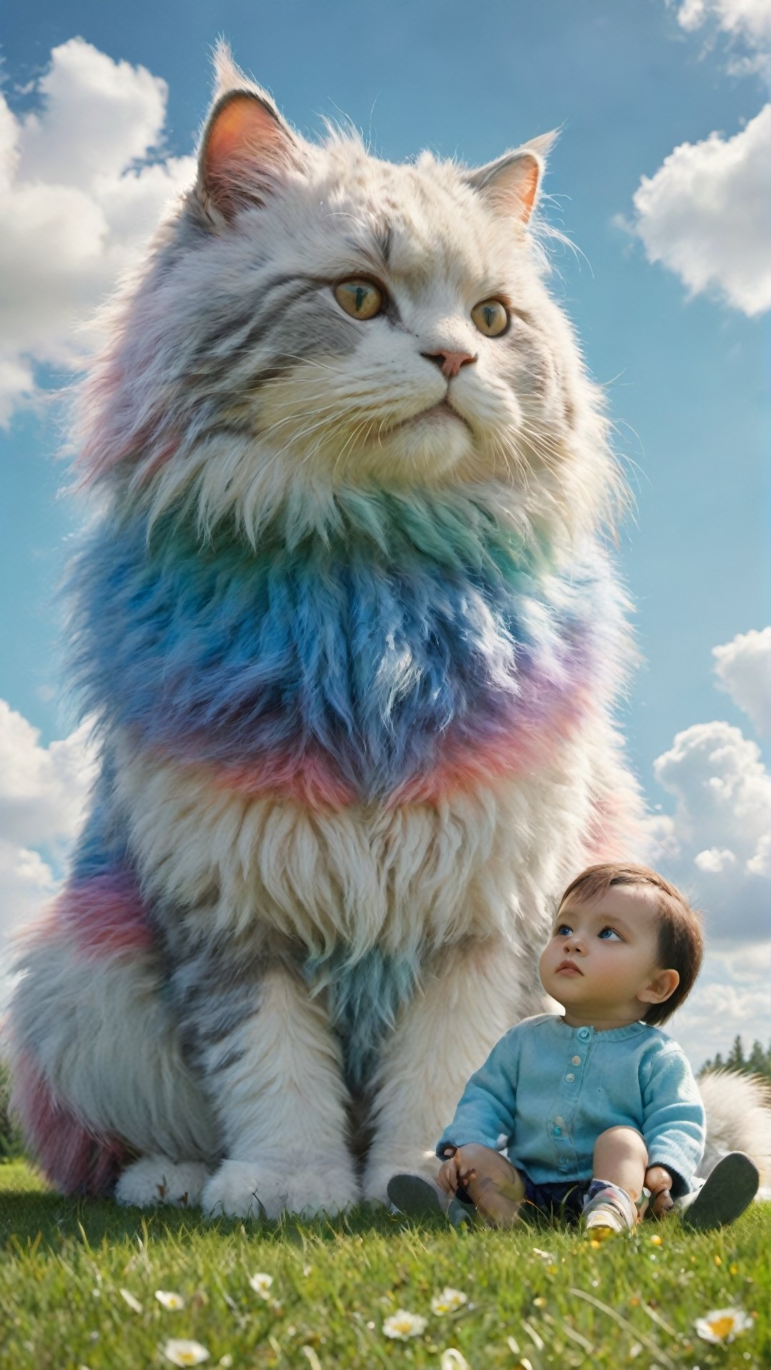 A multicolor giant cat with fluffy fur sitting on the grass, next to it sits an adorable babyboy (((looking at viewer))) . The blue sky has white clouds. In the style of hyper-realistic, high definition photography, movie stills, children's book illustrations, colorful animation stills, hyperrealistic details depict childlike innocence, underwater, colorful smoke