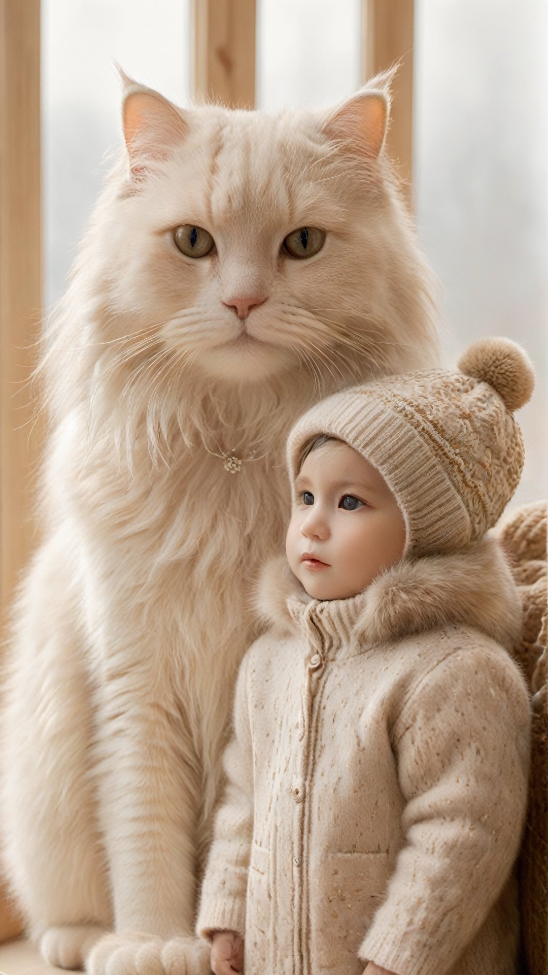 A fluffy white cat with long hair and soft fur, wearing an elegant beige outfit, stands beside the babyboy in his cute winter hat. The background is adorned with light brown decorations. Captured using a Canon EOS R5 camera with a macro lens in natural daylight streaming through large windows. High resolution, hyperrealistic, intricate details, warm tones. --style raw 