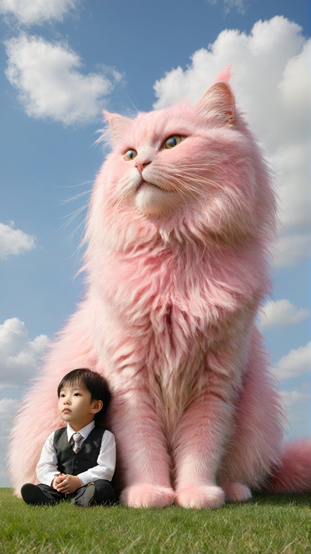 A pink cat with fluffy fur is sitting on the grass, and in front of it sits an Asian babyboy wearing fashion suits. The sky above them has blue clouds, creating a realistic photo style. This scene was captured in the style of Hayao Miyazaki using high definition photography technology. It features a cute giant furry animal character, with detailed details that make people fall under its gaze.