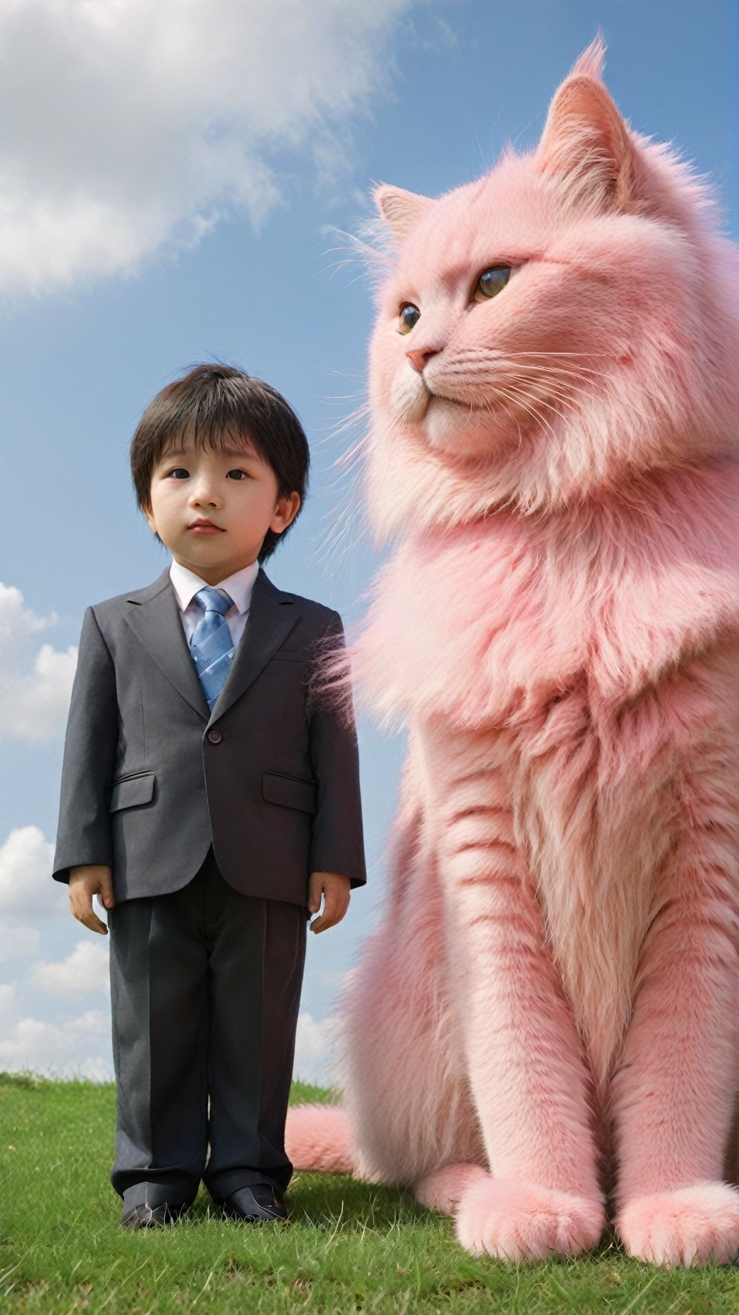 A pink cat with fluffy fur is sitting on the grass, and in front of it sits an Asian babyboy wearing fashion suits. The sky above them has blue clouds, creating a realistic photo style. This scene was captured in the style of Hayao Miyazaki using high definition photography technology. It features a cute giant furry animal character, with detailed details that make people fall under its gaze.