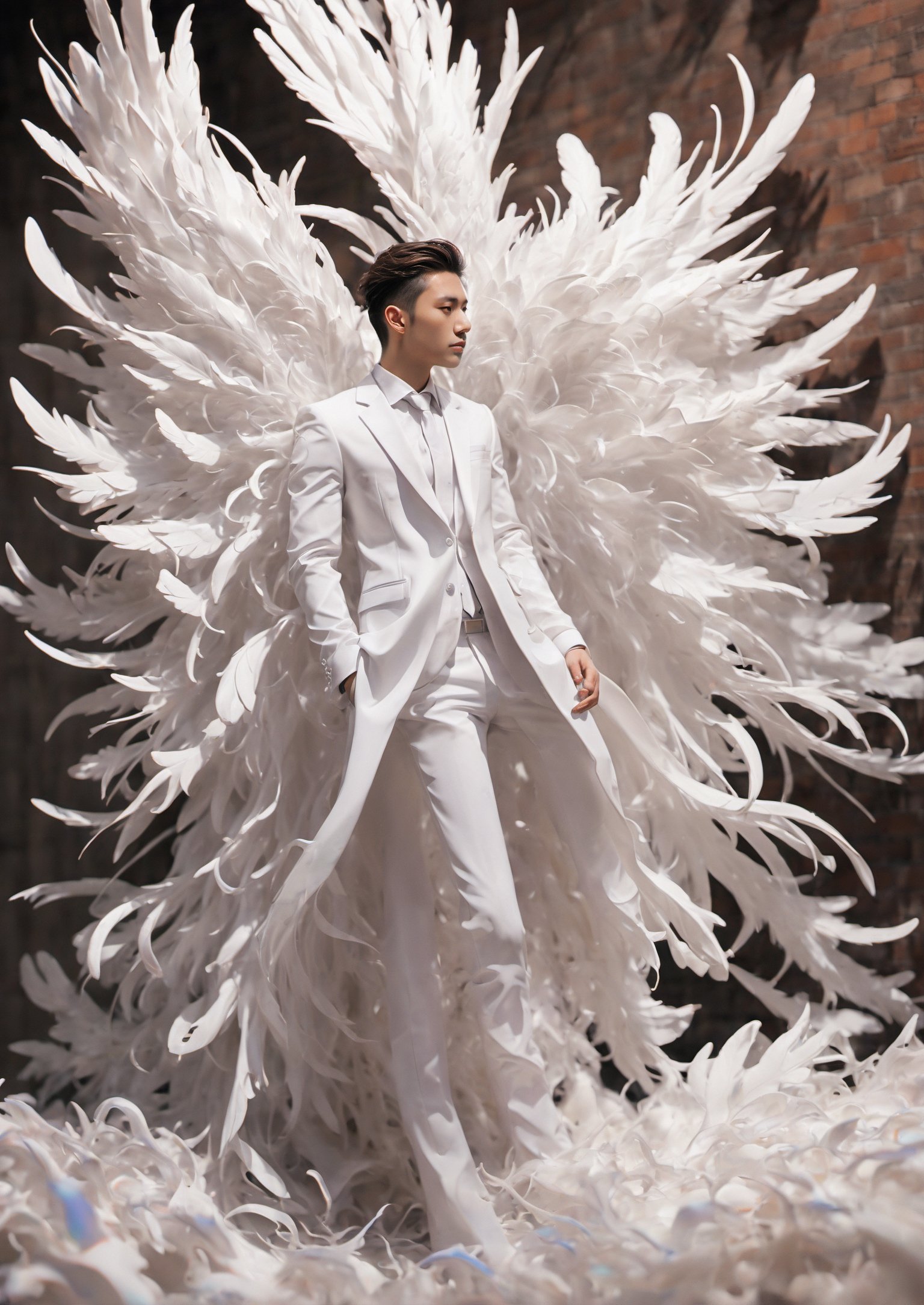 Create an image of a young man wearing a suit, featuring vibrant, white wings extending from his back. Random movement The background should be plain white, emphasizing the contrast and detailing of the beauty wings and the sharpness of the suit. The man should appear poised and elegant, with the wings unfurled to showcase a spectrum of vivid hues, blending seamlessly from one color to another. The focus should be on the meticulous details of the wings’ feathers and the suit’s fabric, capturing a harmonious blend of natural and refined elements, wings,Stylish, close up,l3min,xxmixgirl