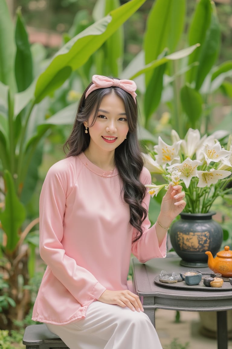 The photo features a young woman seated at an outdoor table in a lush garden setting. She is dressed in a silky pink long-sleeved  top paired with white silk pants. Her long black hair is styled in loose curls, and she wears a matching pink bow headband. The woman is holding a small white flower in her hand, adding a delicate touch to her appearance. On the table next to her, there is a beautiful arrangement of white lilies in a decorative vase, along with an orange teapot and several teacups, suggesting a traditional tea setting. The overall scene is serene and charming, with the vibrant green foliage surrounding the area creating a peaceful atmosphere. The combination of her outfit, the flowers, and the tea set highlights the elegance and cultural richness of the moment, aobaba