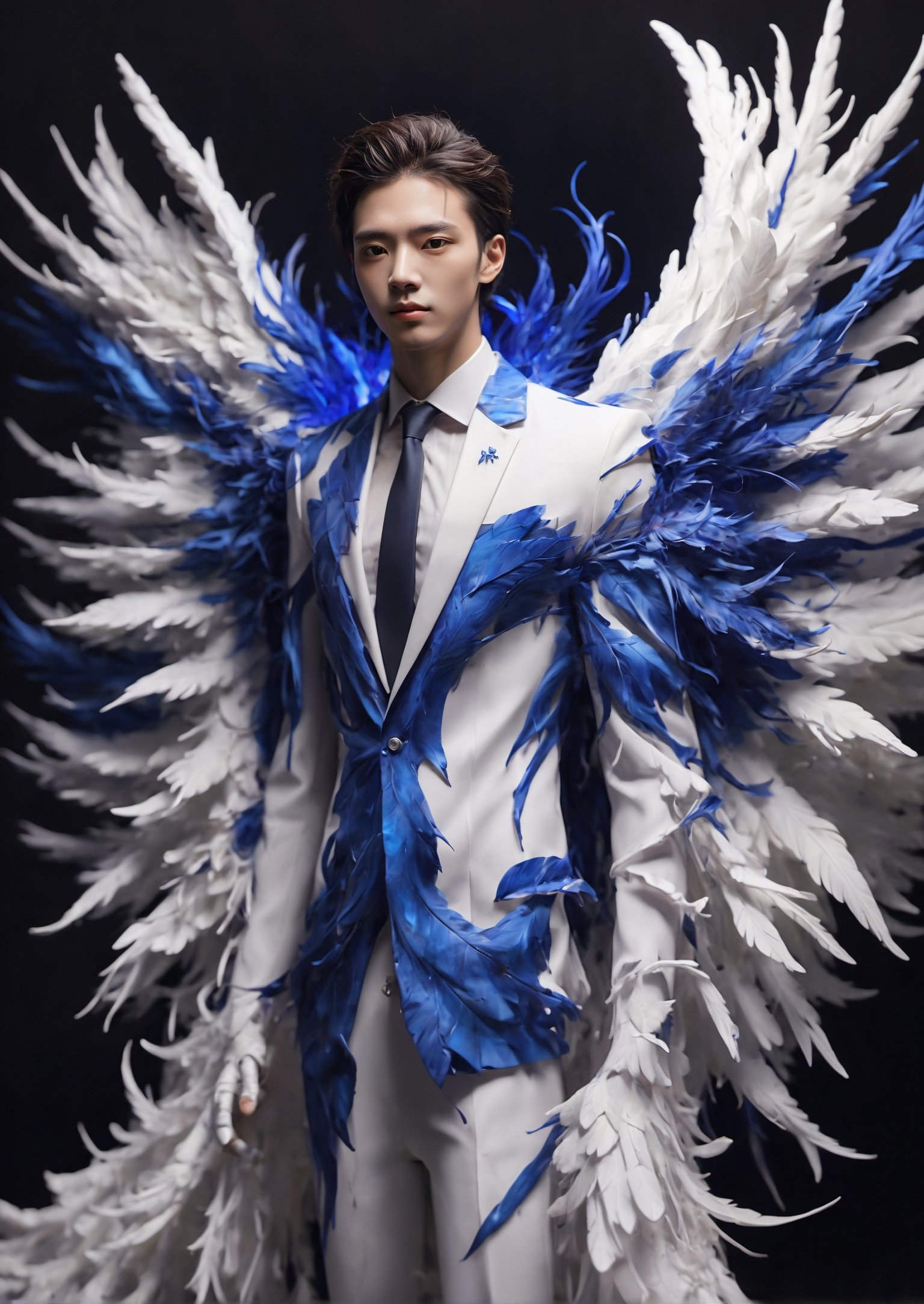 Create an image of a young man wearing a suit, featuring vibrant, dark and blue wings extending from his back. Random movement The background should be plain white, emphasizing the contrast and detailing of the beauty wings and the sharpness of the suit. The man should appear poised and elegant, with the wings unfurled to showcase a spectrum of vivid hues, blending seamlessly from one color to another. The focus should be on the meticulous details of the wings’ feathers and the suit’s fabric, capturing a harmonious blend of natural and refined elements, wings,Stylish, close up,l3min,xxmixgirl