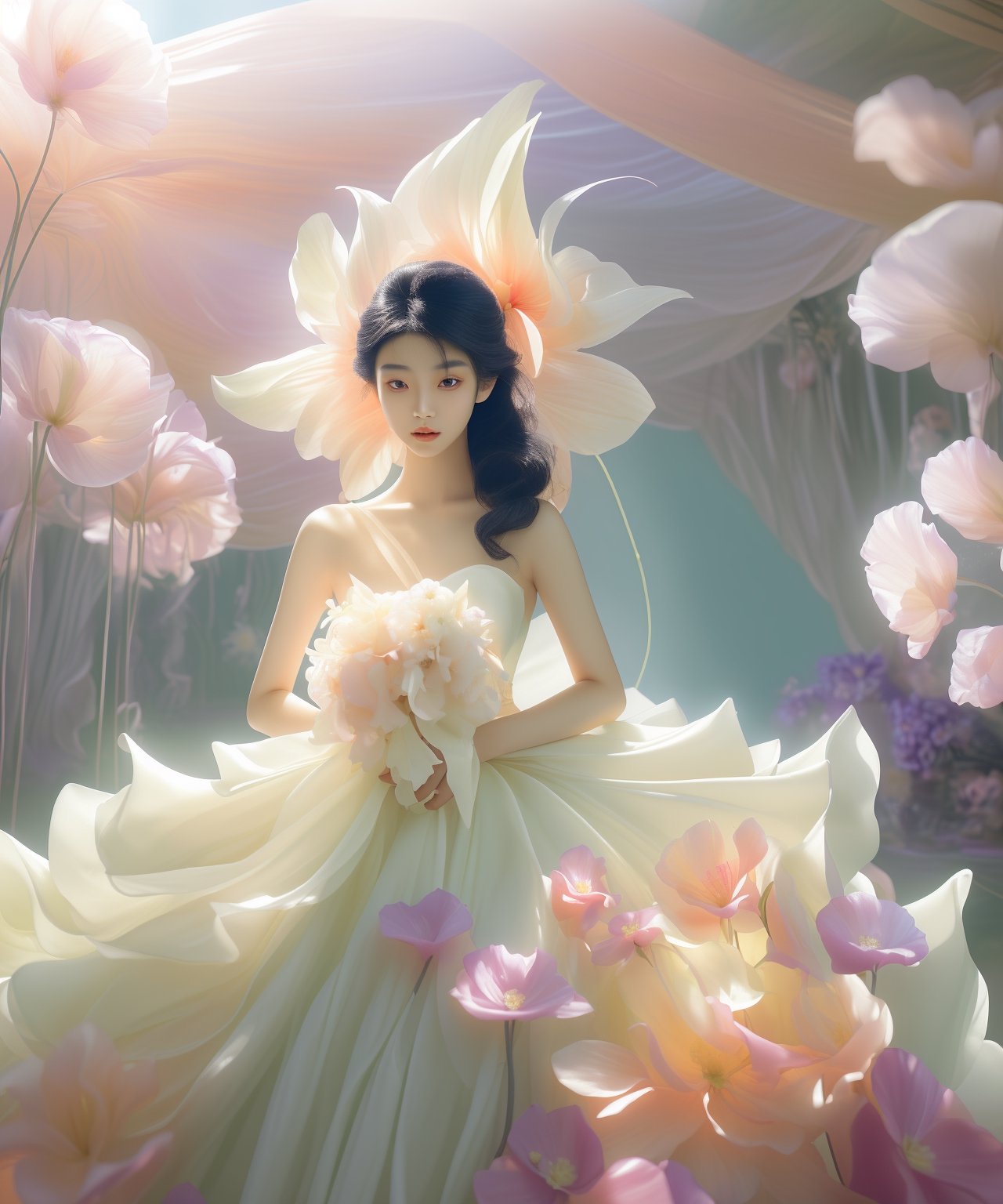 Asian woman with smooth skin, wearing a stunning wedding dress. She is posing in front of a gigantic, vibrantly colorful flower. The scene is bathed in enchanting, dreamlike lighting, enhancing the ethereal beauty of the moment. The atmosphere should evoke a sense of wonder and surreal elegance, highlighting the contrast between the delicate details of the dress and the bold, vivid colors of the flower, lienhoa,Bomi,Detailedface,photorealistic