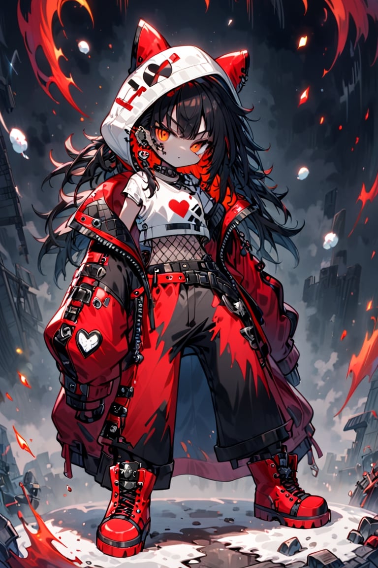 A punk rock version of Snow White, dressed in a rebellious fusion of avant-garde fashions.
(standing: 1.2), red cape with hood and ripped mesh details, adorned with punk-inspired patches and brooches. Septum earrings, more calls, tattered dreadlocks, more patches, dirty, torn, anti-union spiked leather jackets, hardcore punk style jackets, punk badges, combat boots tied to legs, Rebellin, Dal, Emo orange, ct- niji2,dal