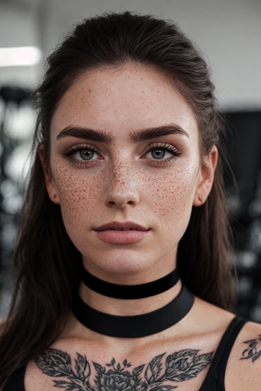 photo, medium hair, detailed face, detailed nose, woman wearing black dresses, freckles, collar or choker, smirk, tattoos, gym_clothes,gym