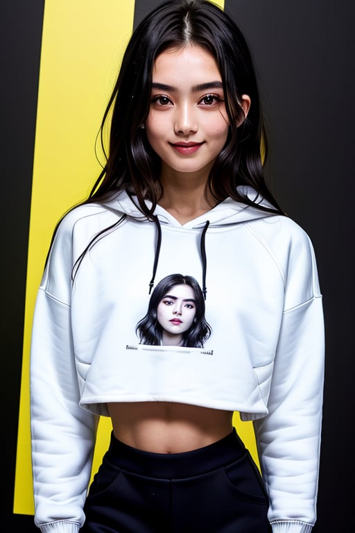 4k,best quality,masterpiece,20yo 1girl,(cropped sweatshirt),(demin pant), alluring smile, open hoodie,

(Beautiful and detailed eyes),
Detailed face, detailed eyes, double eyelids ,thin face, real hands, muscular fit body, semi visible abs, ((short hair with long locks:1.2)), black hair, black background,


real person, color splash style photo,
