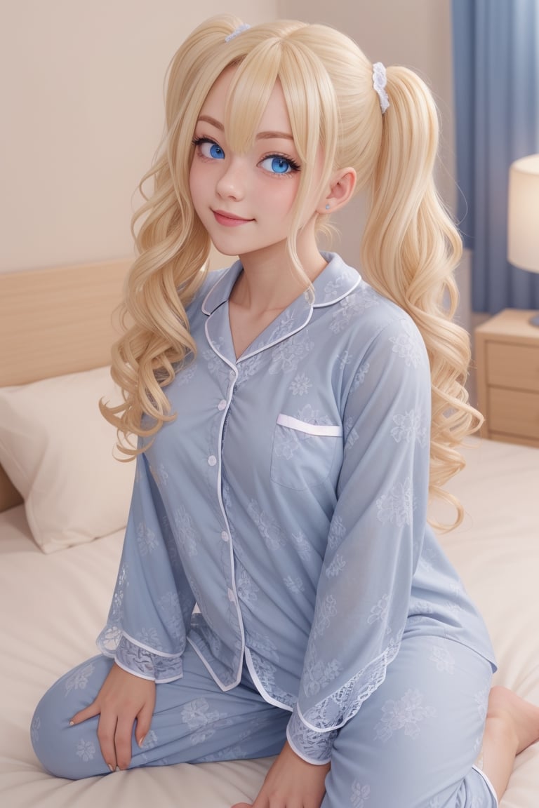 A woman with twin tail curly hair, blonde hair, blue eyes, 8k, lace pajamas,LAC3CUT0UT