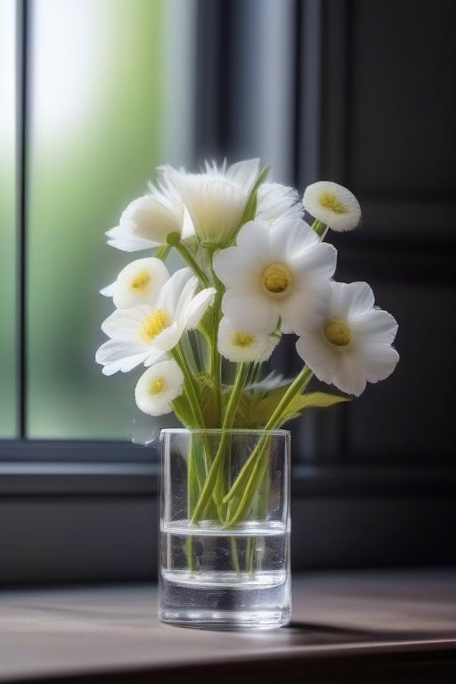 There are flowers in the glass, no humans, leaves, plants, white flowers, still life, professional photography, ultra-high-definition,