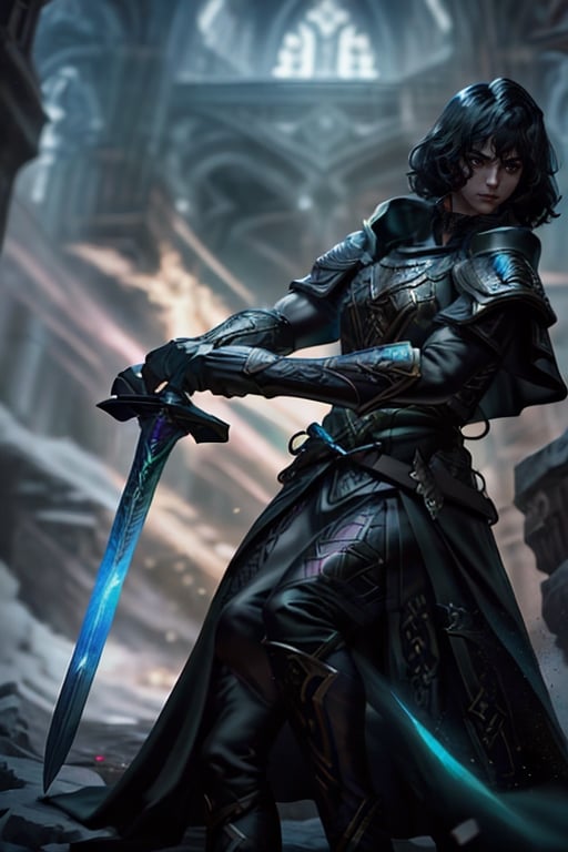 Male, strong, short black hair, dark armor, black cloak, sword in hand, High-definition, perfect face