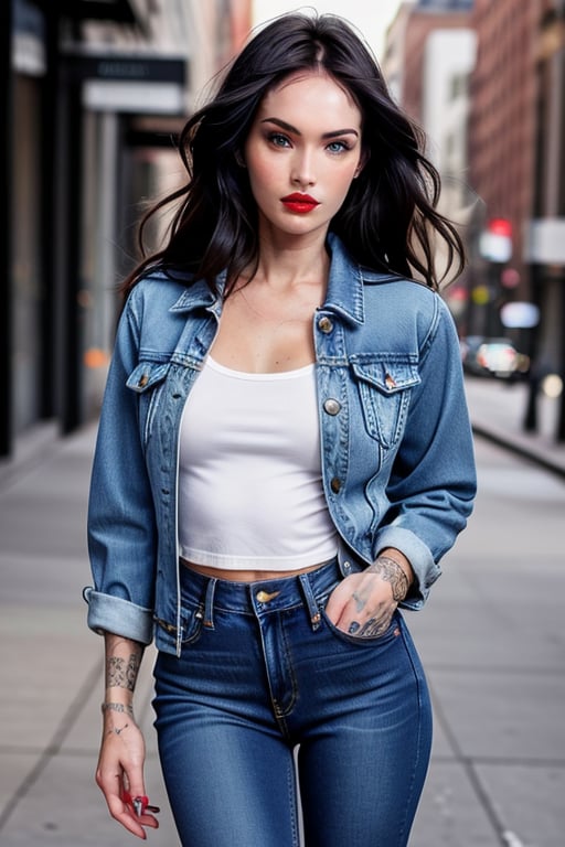 beautiful face, hot red lips, wearing cropped denim jacket and tight levis jeans in light blue color,blackbootsnjeans,Sexy Pose,Megan fox 