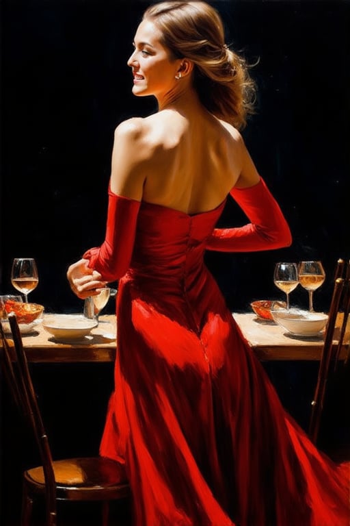 Oil painting of a beautiful woman in a red dress dancing gracefully in a dark cafe.((Karol Bak style)) easel painting. (Rough brush strokes). Mystical.Mysterious.Ethereal. Legend.Dancing captivatingly under the Dim lights in the middle of a quiet cafe.Dark and Hazy background.A strong light shining on her.A charming smile and full of energy.People watching her at the cafe. BREAK (back view), (from behind) rule of thirds, depth of perspective,perfect composition,oil on canvas,impressionism,clear facial features,perfect hands,aesthetic minimalism,by Karol Bak,real_booster,art_booster,flat chested,1girl,skirtlift,(PnMakeEnh), (((petite))),



 