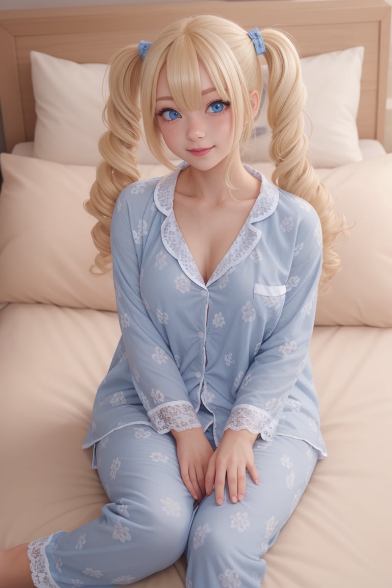 A woman with twin tail curly hair, blonde hair, blue eyes, 8k, lace pajamas,LAC3CUT0UT