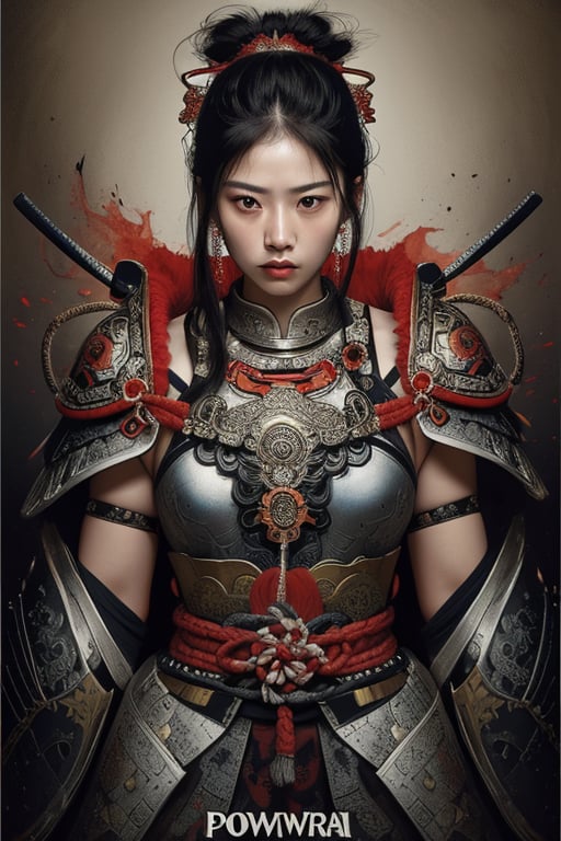 physically-based rendering, portrait, ultra-fine painting, extreme detail description, Akira Kurosawa's movie-style poster features a full-body shot of a 28-year-old girl, embodying the samurai spirit of Japan's Warring States Period, An enigmatic female samurai warrior, clad in ornate armor , This striking depiction, seemingly bursting with unspoken power, illustrates a fierce and formidable female warrior in the midst of battle. The image, likely a detailed painting, showcases the intensity of the female samurai's gaze and the intricate craftsmanship of his armor. Each intricately depicted detail mesmerizes the viewer, immersing them in the extraordinary skill and artistry captured in this remarkable 