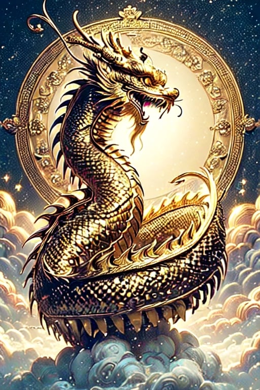 (Masterpiece, high quality:1.5), Vibrant, detailed, high-resolution, artistic, majestic, magnificent , elaborate detail, awe-inspiring, splendid, celebratory,

(Giant golden dragon:1.2), flying dragon in the sky, large, majestic, overwhelming presence, by Futu rEvoLab, historical, mythical, dynamic, visually striking, Exquisite face, there is a golden text "Happy New Year 2024" at the top left