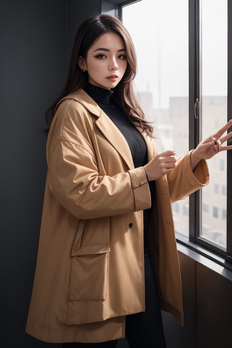 A woman, window background,Wearing an oversized coat

,8k,pov