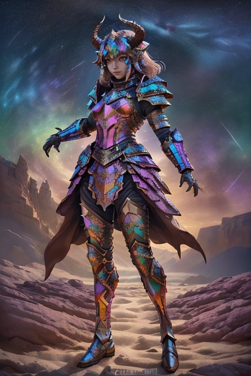 Female, full-body armor, head armor without face and a pair of horns. In the colorful starry sky, the armor is made of colored metal.