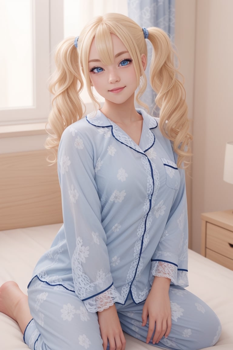 A woman with twin tail curly hair, blonde hair, blue eyes, 8k, lace pajamas