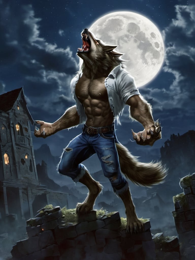 A werewolf in jeans stands tall in an abandoned and haunted lost city. Shouting to the sky, the moonlight highlights your muscles and scars. The scenery is lush and mysterious, with a dark city and surrounding environment.