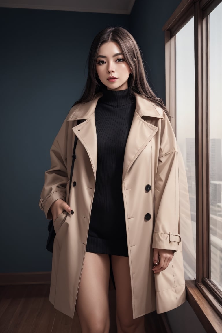 A woman, window background,Wearing an oversized coat

,8k,pov