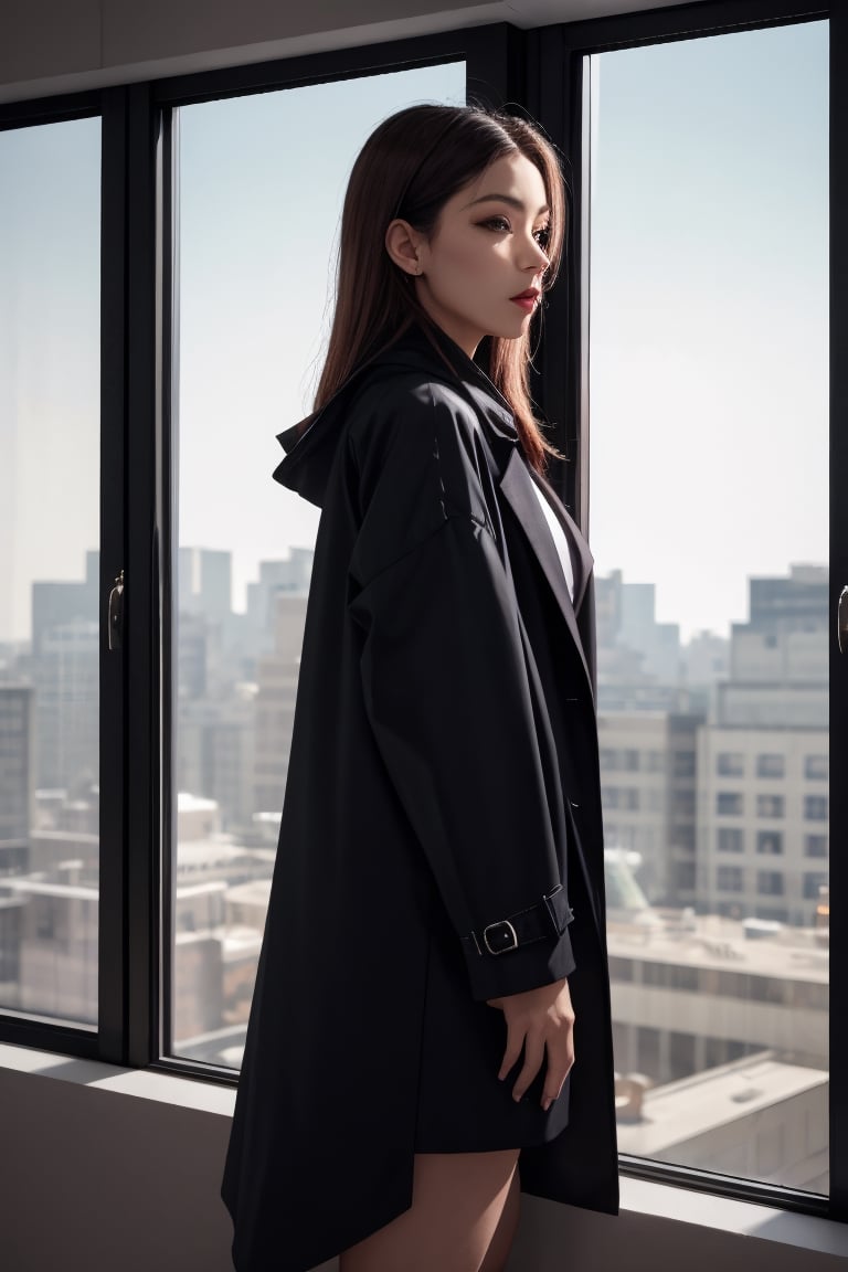 A woman, window background,Wearing an oversized coat

,8k,pov