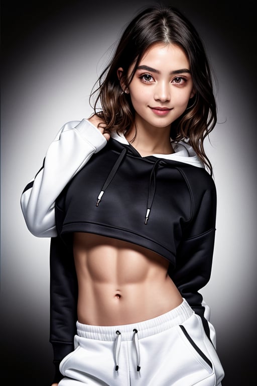 4k,best quality,masterpiece,20yo 1girl,(cropped sweatshirt),(demin pant), alluring smile, open hoodie,

(Beautiful and detailed eyes),
Detailed face, detailed eyes, double eyelids ,thin face, real hands, muscular fit body, semi visible abs, ((short hair with long locks:1.2)), black hair, black background,


real person, color splash style photo,
