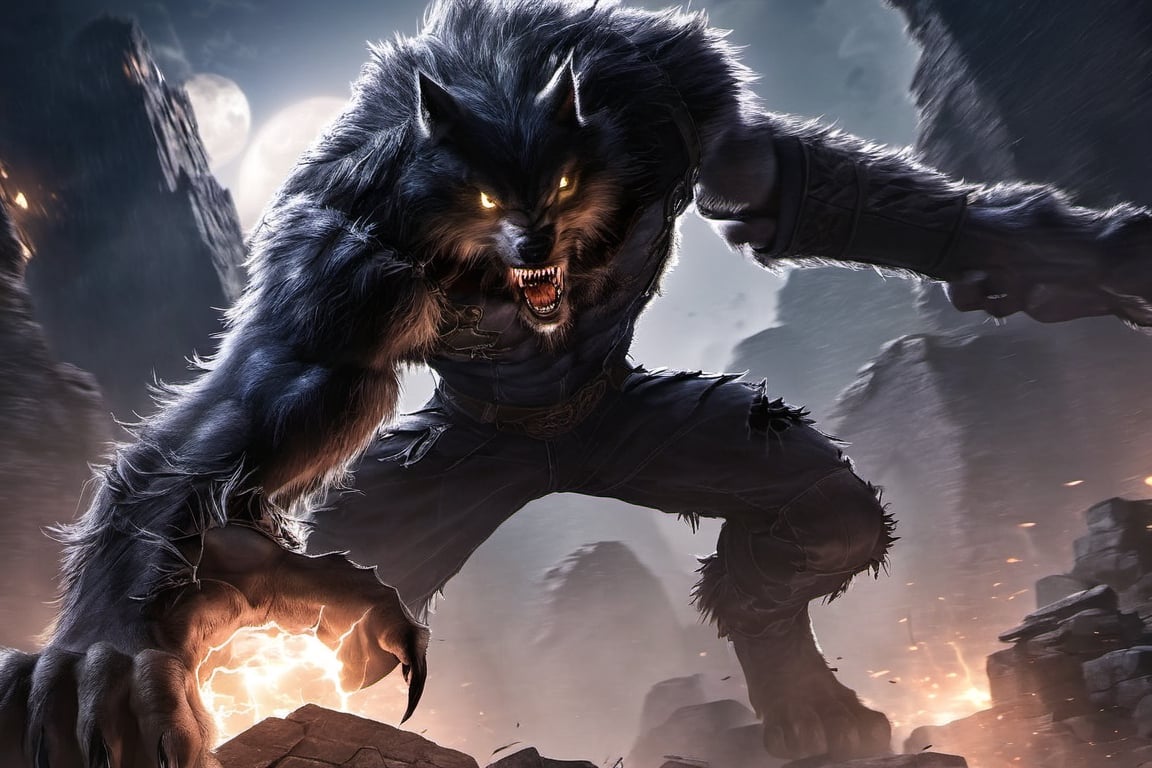 A werewolf, wearing jeans, lightning all over his body, standing tall in an abandoned haunted lost city, facing the enemy, attacking with his claws, tearing, and the moonlight highlighting your muscles and scars. The scenery is lush and mysterious, with a dark city and surrounding environment.