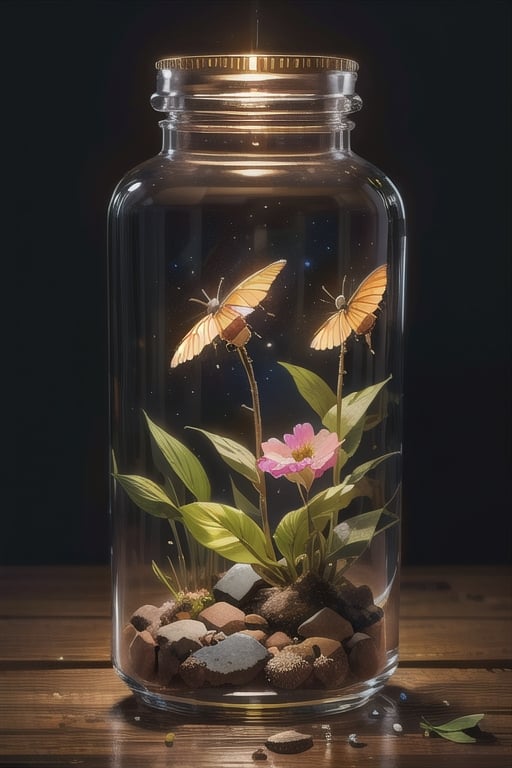 Art in glass, there are all kinds of flowers in the glass, no human beings, leaves, plants, flowers of various colors, glowing fireflies, still life, professional photography, ultra-high definition,