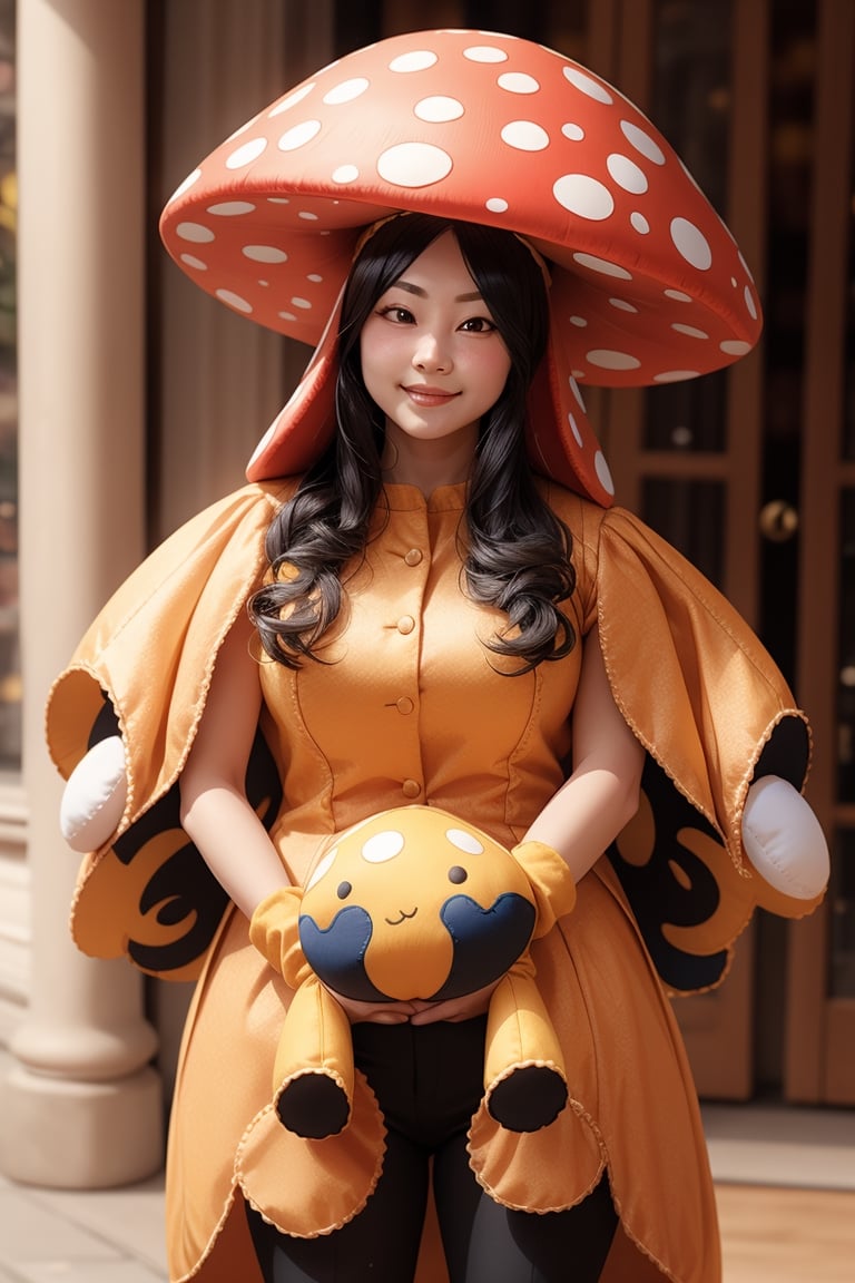 A woman wearing a mushroom doll costume,1 girl