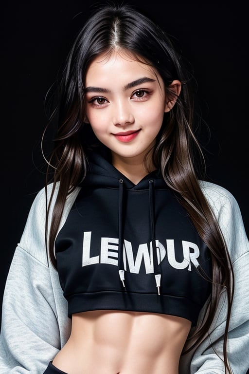 4k,best quality,masterpiece,20yo 1girl,(cropped sweatshirt),(demin pant), alluring smile, open hoodie,

(Beautiful and detailed eyes),
Detailed face, detailed eyes, double eyelids ,thin face, real hands, muscular fit body, semi visible abs, ((short hair with long locks:1.2)), black hair, black background,


real person, color splash style photo,
