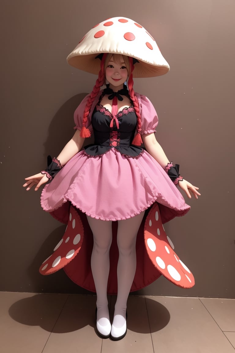 A woman wearing a mushroom doll costume,1 girl