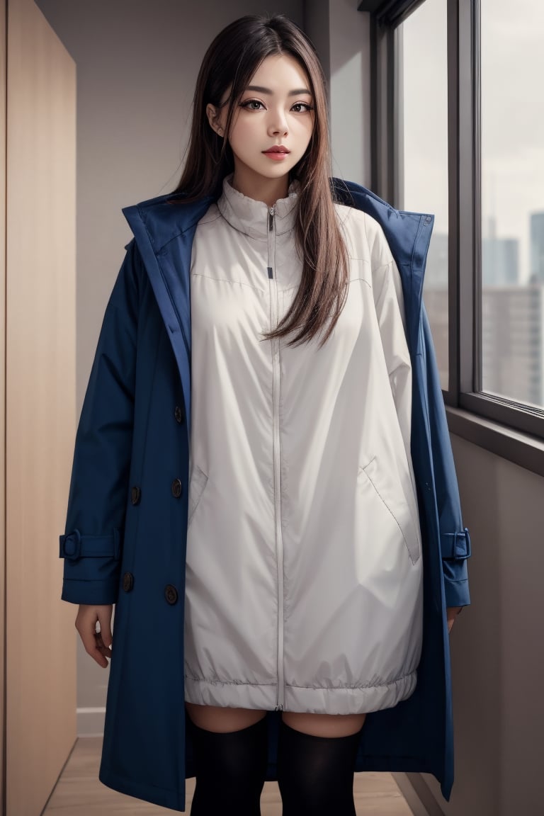 A woman, window background,Wearing an oversized coat

,8k,pov