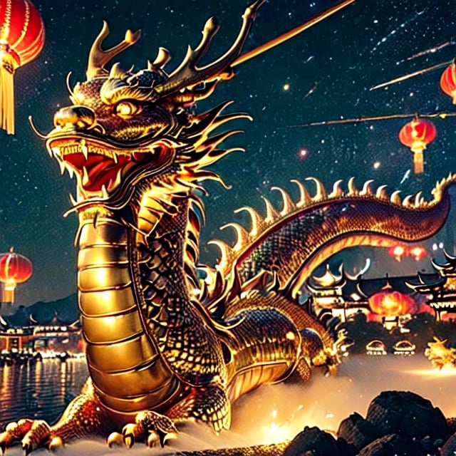 (Masterpiece, high quality:1.5), Vibrant, detailed, high-resolution, artistic, majestic, magnificent , elaborate detail, awe-inspiring, splendid, celebratory,

Night sky, grand fireworks display, glowing red lanterns, cultural heritage, festive atmosphere, anc Ient cityscape, traditional architecture,

(Giant golden dragon:1.2), flying dragon in the sky, large, majestic, overwhelming presence, by Futu rEvoLab, historical, mythical, dynamic, visually striking, Exquisite face