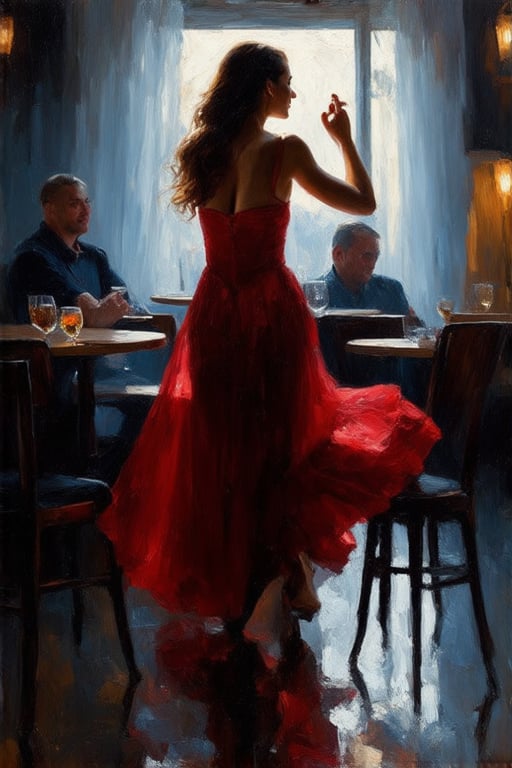 Oil painting of a beautiful woman in a red dress dancing gracefully in a dark cafe.((Karol Bak style)) easel painting. (Rough brush strokes). Mystical.Mysterious.Ethereal. Legend.Dancing captivatingly under the Dim lights in the middle of a quiet cafe.Dark and Hazy background.A strong light shining on her.A charming smile and full of energy.People watching her at the cafe. BREAK (back view), (from behind) rule of thirds, depth of perspective,perfect composition,oil on canvas,impressionism,clear facial features,perfect hands,aesthetic minimalism,by Karol Bak,real_booster,art_booster,flat chested,1girl,skirtlift,(PnMakeEnh), (((petite))),



 