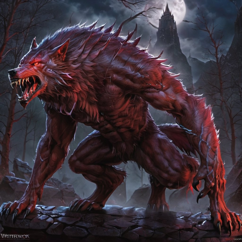 werewolf, shapeshifter, transforming, metamorphosis, dynamic pose, colorful, vivid colors, detailed, best quality, masterpiece, humanoid, evil, concept art, epic, furious, red eyes ,iat dog