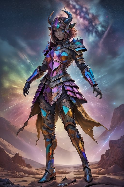 Female, full-body armor, head armor without face and a pair of horns. In the colorful starry sky, the armor is made of colored metal.