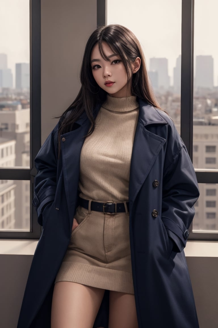 A woman, window background,Wearing an oversized coat

,8k,pov