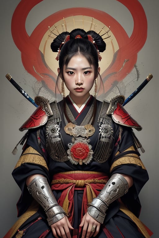 physically-based rendering, portrait, ultra-fine painting, extreme detail description, Akira Kurosawa's movie-style poster features a full-body shot of a 28-year-old girl, embodying the samurai spirit of Japan's Warring States Period, An enigmatic female samurai warrior, clad in ornate armor , This striking depiction, seemingly bursting with unspoken power, illustrates a fierce and formidable female warrior in the midst of battle. The image, likely a detailed painting, showcases the intensity of the female samurai's gaze and the intricate craftsmanship of his armor. Each intricately depicted detail mesmerizes the viewer, immersing them in the extraordinary skill and artistry captured in this remarkable 