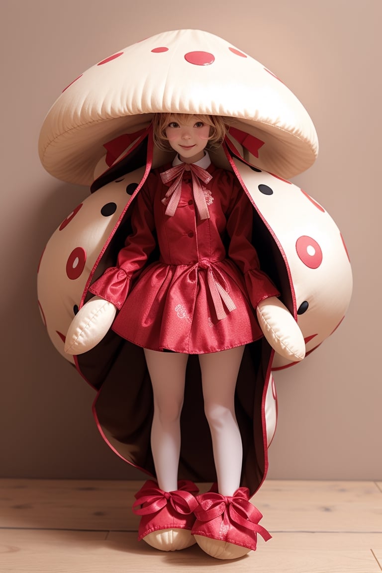 A woman wearing a mushroom doll costume,1 girl