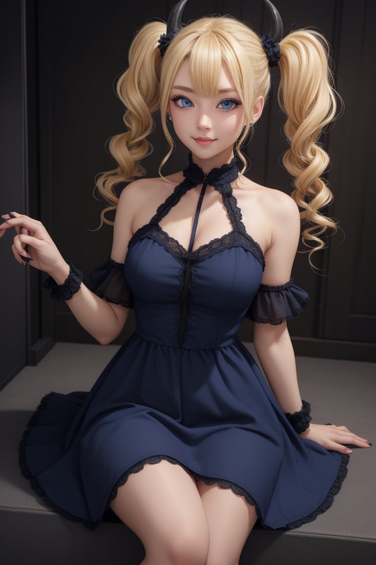 A woman with twin tail curly hair, blonde hair, blue eyes, 8k, dress, devil style